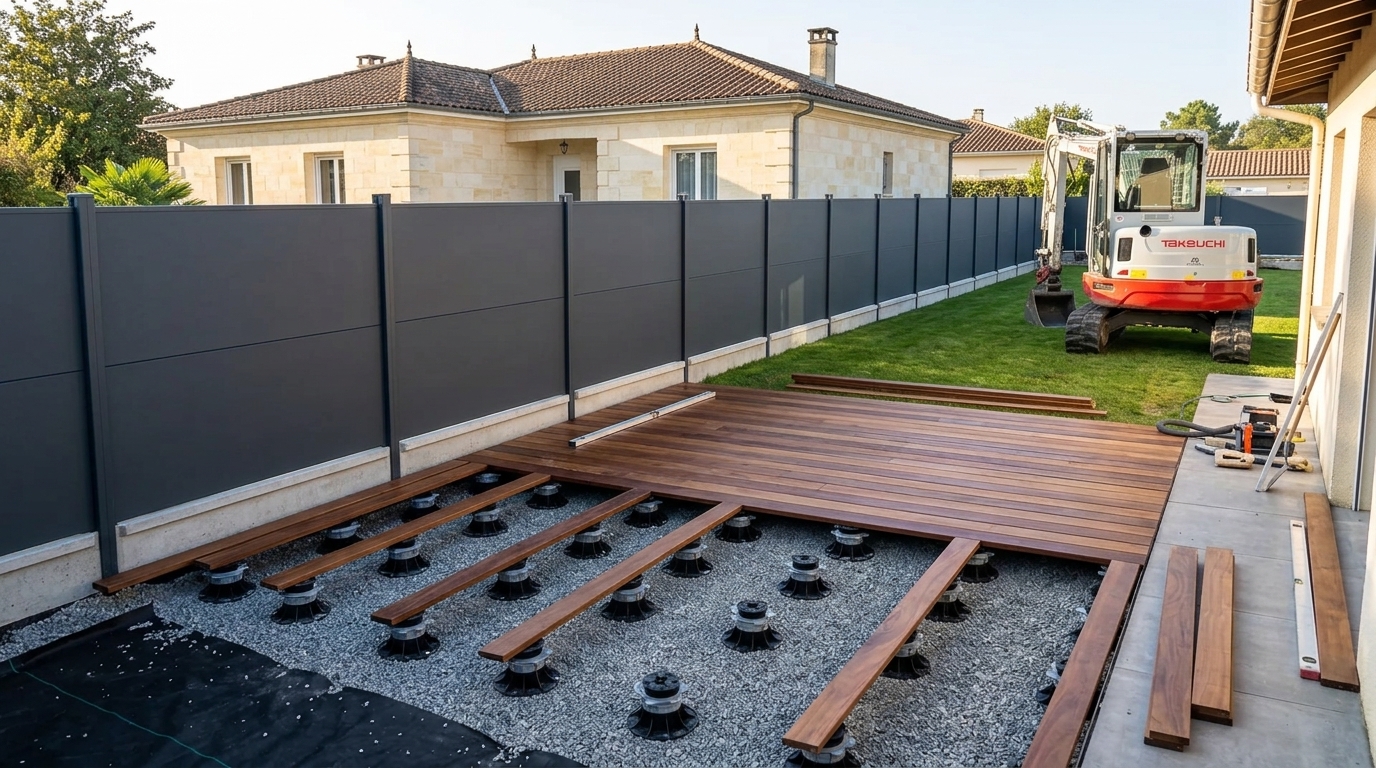 Terrassement d'aménagement extérieur et préparation de semelle pour clôture rigide sur muret à Gradignan avec mini-pelle Takeuchi TB257FR