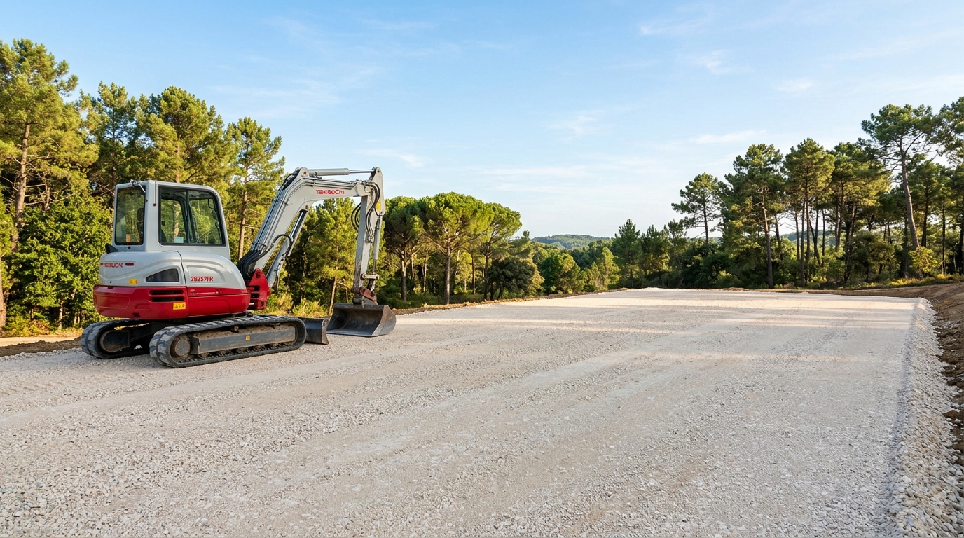 Consolidation et nivellement de plateforme en grave calcaire 0/31.5 avec mini-pelle Takeuchi TB257FR à Bordeaux