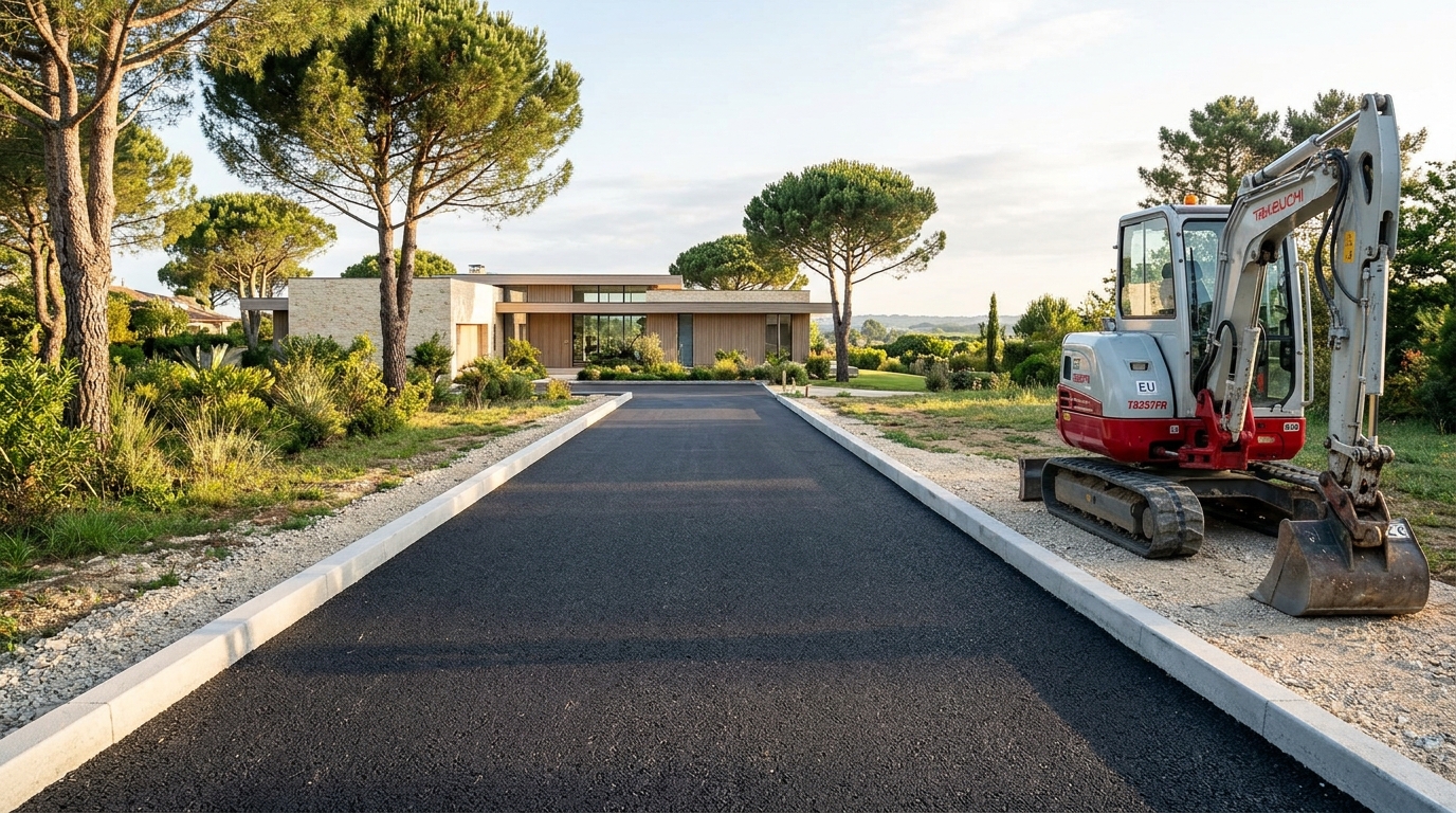 Création d'allée carrossable en enrobé noir et bordures béton avec mini-pelle Takeuchi TB257FR à Bordeaux en Gironde