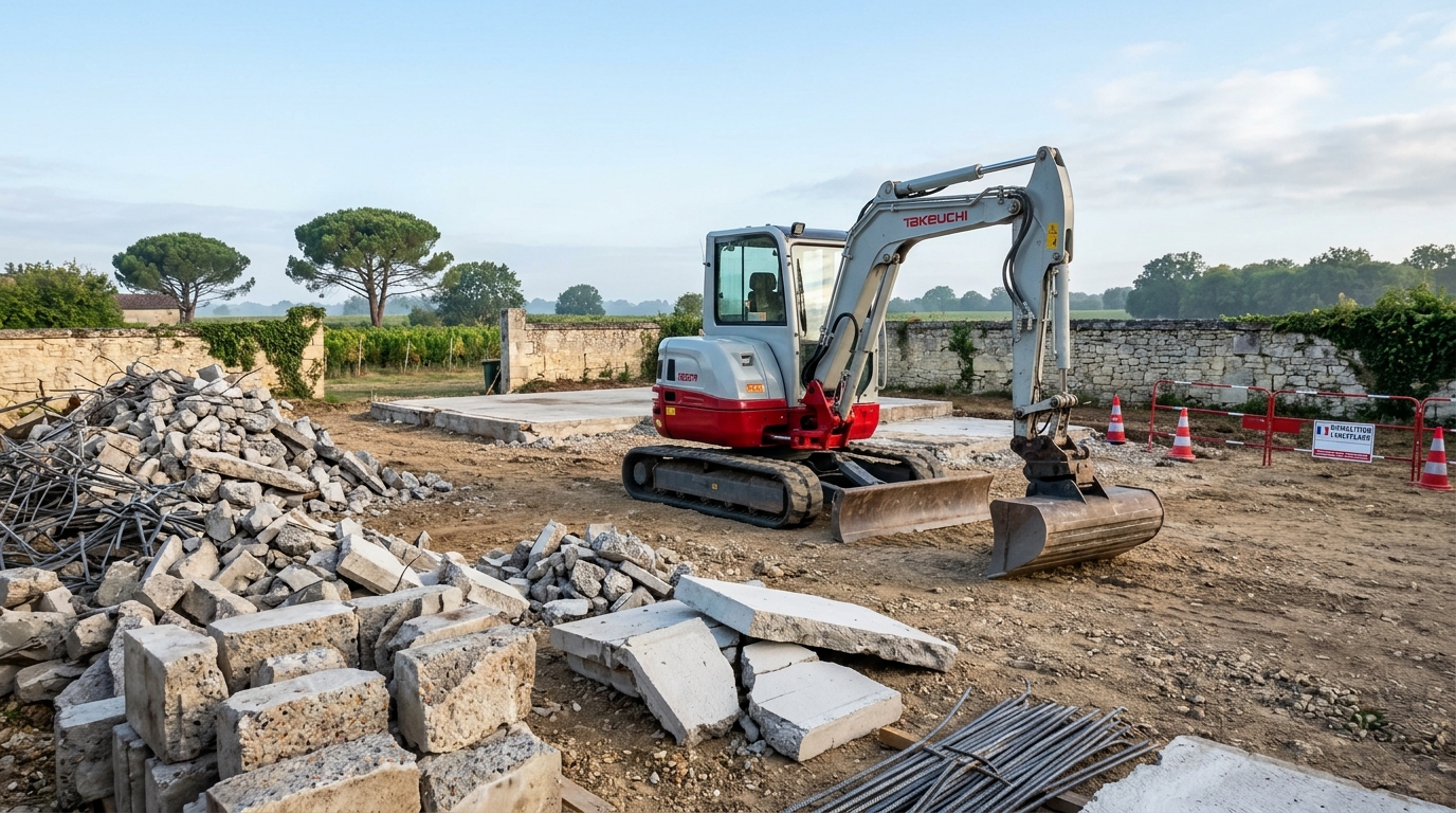 Démolition de dalle béton au BRH avec mini-pelle Takeuchi TB257FR à Bordeaux en Gironde