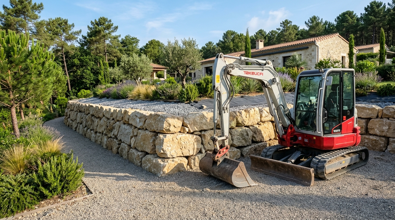 Enrochement de soutènement paysager en blocs calcaires avec mini-pelle Takeuchi TB257FR à Bordeaux en Gironde