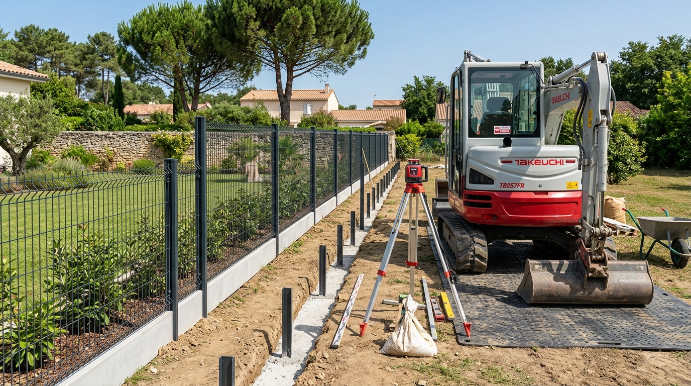 Pose de clôture en panneaux rigides avec plaque de soubassement béton à Bordeaux avec mini-pelle Takeuchi TB257FR