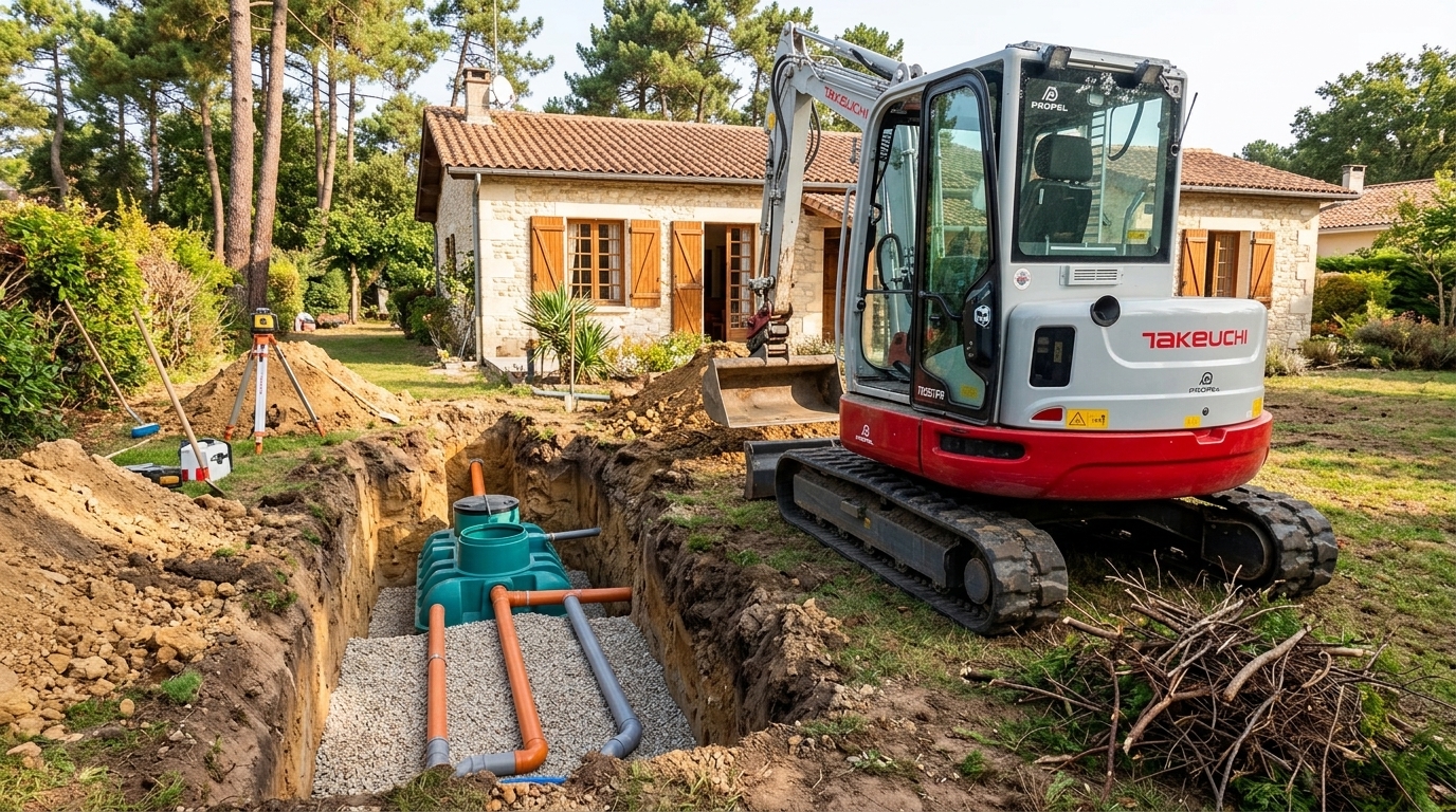 Fouille et pose de micro-station d'épuration ANC GRAF easyOne à Pessac (33600) avec mini-pelle Takeuchi TB257FR selon norme DTU 64.1