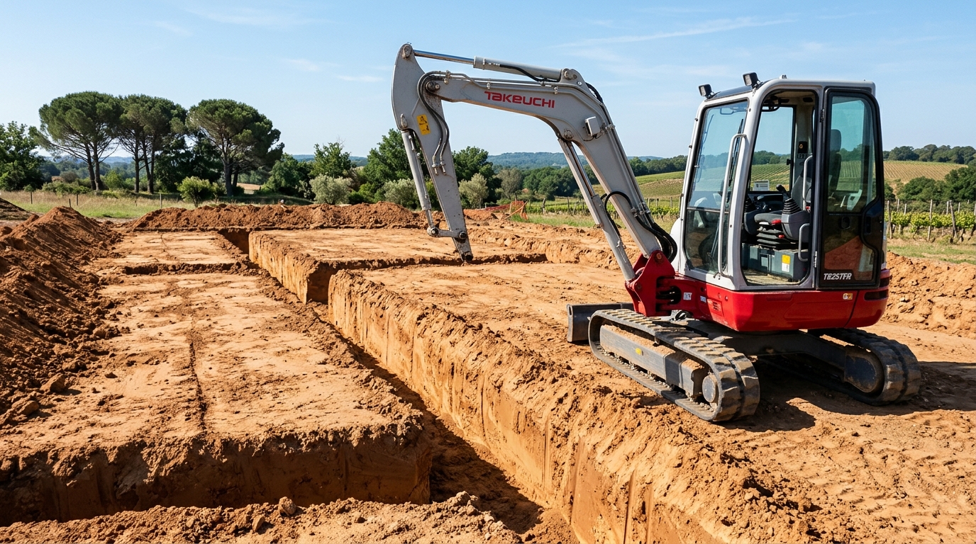 Terrassement de fouilles en rigole pour fondations de maison individuelle à Bordeaux avec mini-pelle Takeuchi TB257FR