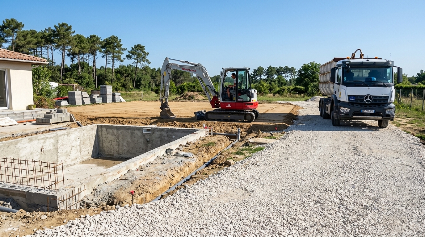 Excavation de piscine coque et nivellement laser en Gironde avec pelle Takeuchi TB257FR et camion Mercedes Arocs